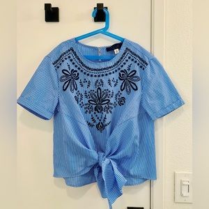 Francesca’s blue stripes embroidery shirt with front tie (size XS)